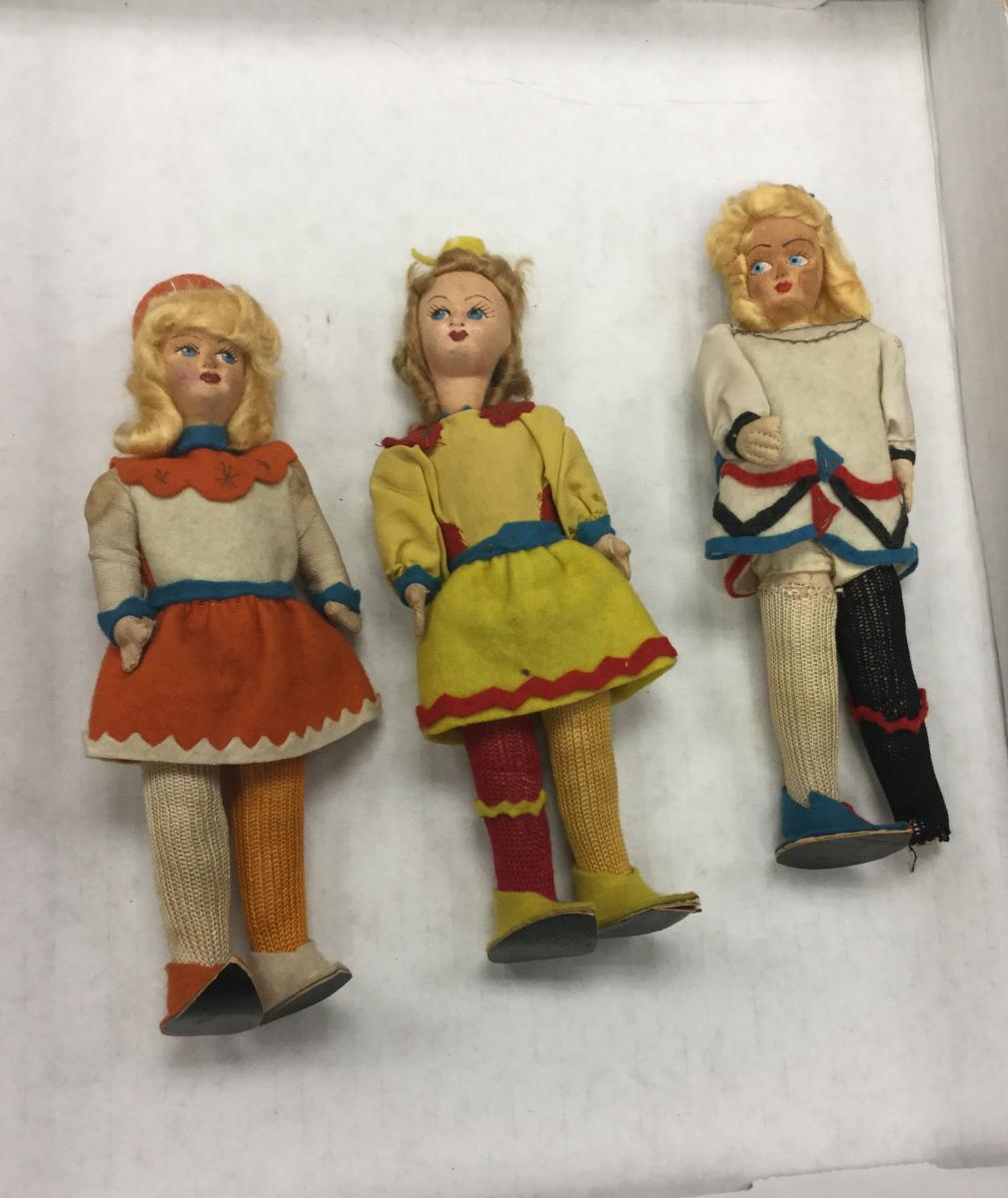 image of 3 dolls made by stateless Jewish children residing in a DP camp near Florence, Italy, known as “Kibbutz HaOved”, with help from funds provided by the Joint Distribution Committee