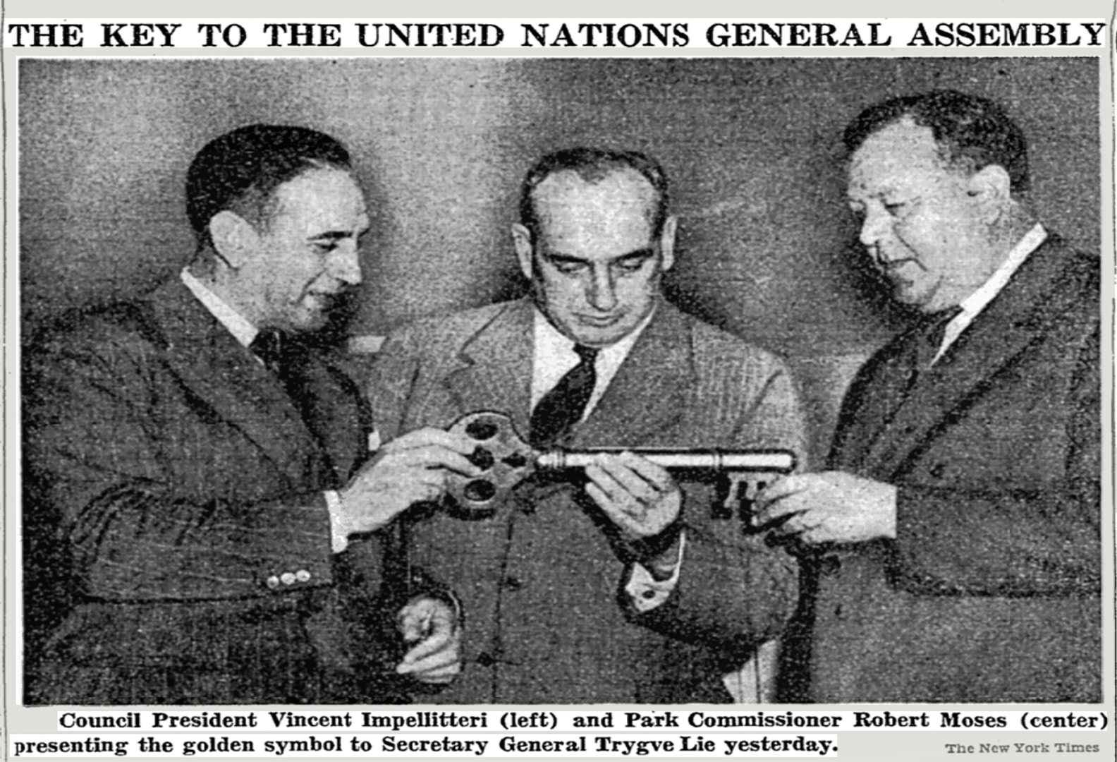 Image of Council President and Acting New York City Mayor Vincent Impellitteri and Park Commissioner Robert Moses presenting a golden key to Secretary-General Trygve Lie