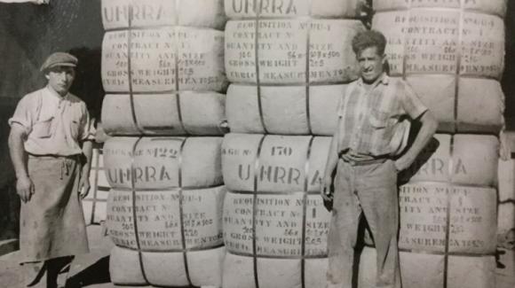 Bales of blankets shipped out of Montevideo, Uruguay by UNRRA for distribution in Europe.