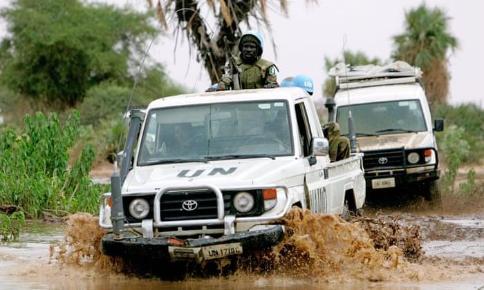 A photo of the road conditions faced by United Nations Mission in the Sudan (UNMIS) workers on patrol during the rain season in  the country.