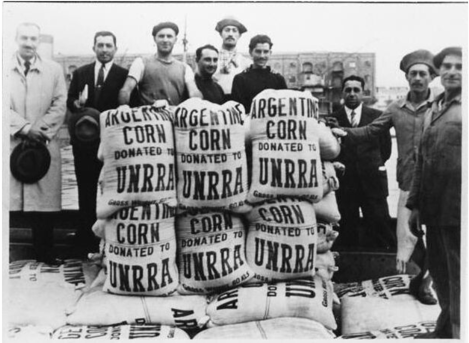 In this photo shows Corn donated by the Argentine government to UNRRA, which is being shipped to Italy for use in the UNRRA relief program in Buenos Aires, Argentina