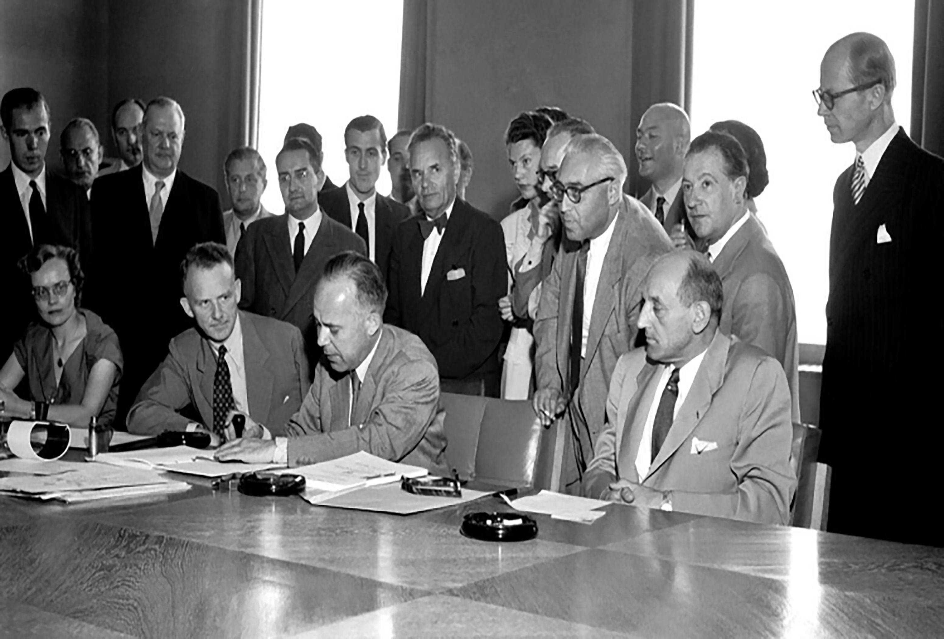 Photo of Signing the Convention Relating to the Status of Refugees in Geneva, 28 July 1951, with Margaret Kitchen sitting on the left
