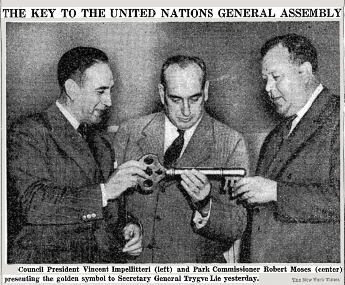 Image of Council President and Acting New York City Mayor Vincent Impellitteri and Park Commissioner Robert Moses presenting a golden key to Secretary-General Trygve Lie.